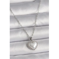 316L Çelik Gümüş Renk Zincir 3D İnci Kalp Model Kadın Kolye
