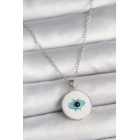 316L Çelik Gümüş Renk Zincir Beyaz Mineli Turkuaz Göz İşleme Model Kadın Kolye