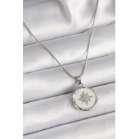 316L Çelik Gümüş Renk Zincir Beyaz Sedefli Zirkon Taşlı Yıldız İşleme Model Kadın Kolye