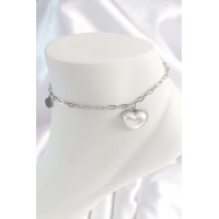 316L Çelik Gümüş Renk Zincir Model 3D Kalp Beyaz Kalp Figür Kadın HalHal