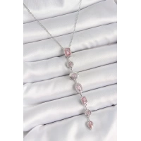 316L Çelik Gümüş Renk Zincir Pembe Zirkon Taşlı Y Model Dekolte Kadın Kolye