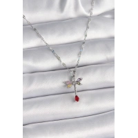 316L Çelik Gümüş Renk Zincir Renkli Zirkon Taşlı Yusufçuk Model Kadın Kolye