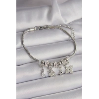 Pirinç Gümüş Renk Zincir Sallantı Zirkon Taşlı Yonca Figür Charm Bileklik