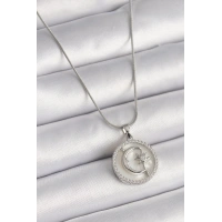 316L Çelik Gümüş Renk Zincir Zirkon Taş Detaylı Beyaz Sedefli Ay Yıldız İşleme Kadın Kolye