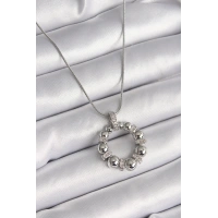 316L Çelik Gümüş Renk Zincir Zirkon Taş Detaylı Bombeli Halka Model Kadın Kolye