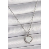 316L Çelik Gümüş Renk Zincir Zirkon Taşlı Beyaz Mineli Kalp Model Kadın Kolye