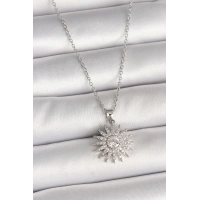 316L Çelik Gümüş Renk Zincir Zirkon Taşlı Güneş Model Kadın Kolye