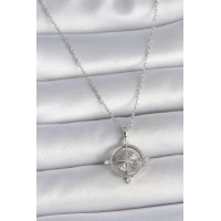 316L Çelik Gümüş Renk Zincir Zirkon Taşlı Pusula Model Kadın Kolye