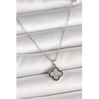 316L Çelik Gümüş Renk Zincir Zirkon Taşlı Yonca Model Kadın Kolye