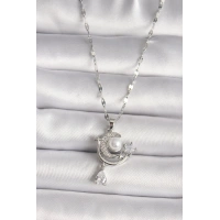 316L Çelik Gümüş Renk Zirkon Taşlı Ay Yıldız Sallantı Detay Kadın Kolye