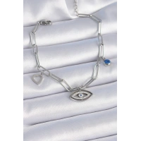 316L Çelik Gümüş Renk Zirkon Taşlı Göz Figür Kalp Detay Kadın Bileklik