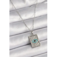 316L Çelik Gümüş Renk Zirkon Taşlı Göz İşleme Detaylı Plaka Model Kadın Kolye