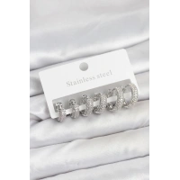 316L Çelik Gümüş Renk Zirkon Taşlı Halka Küpe Seti