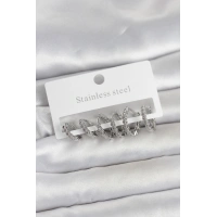 316L Çelik Gümüş Renk Zirkon Taşlı Halka Model Kadın Küpe Seti