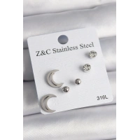 316L Çelik Gümüş Renk Zirkon Taşlı Hilal Model Kadın Küpe Seti