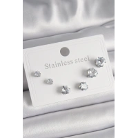 316L Çelik Gümüş Renk Zirkon Taşlı Kalp Model Kadın Küpe Seti