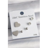 316L Çelik Gold Renk Zirkon Taşlı Kalpli Kadın Küpe Seti