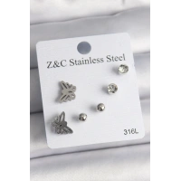 316L Çelik Gümüş Renk Zirkon Taşlı Kelebek Model Kadın Küpe Seti