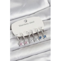 316L Çelik Gümüş Renk Zirkon Taşlı Yıldız Form 6lı Set Kadın Küpe