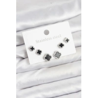 316L Çelik Gümüş Renk Zirkon Taşlı Yonca Model Kadın Küpe Seti