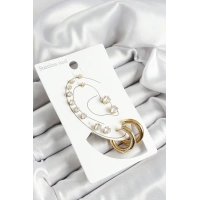 316L Çelik Halka Figürlü Ve Zirkon Taşlı Gold Renk 7li Çift Kadın Küpe Set