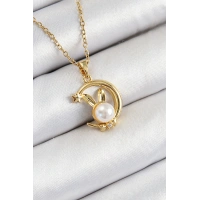 316L Çelik İnci Detaylı Hilal Tavşan Model Gold Renk Kadın Kolye
