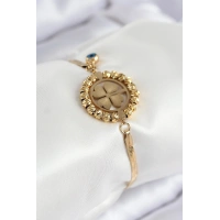 316L Çelik Nazar Boncuk Detaylı Yonca Model İtalyan Zincir Gold Renk Kadın Bileklik