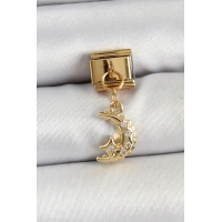 316L Çelik Sallantılı Zirkon Taşlı Ay Model Gold Renk Nomination Charm