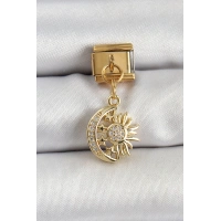 316L Çelik Sallantılı Zirkon Taşlı Ay Ve Güneş Model Gold Renk Nomination Charm