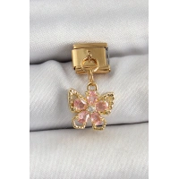 316L Çelik Sallantılı Zirkon Taşlı Çiçek Figürlü Kelebek Model Gold Renk Nomination Charm