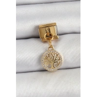 316L Çelik Sallantılı Zirkon Taşlı Hayat Ağacı Model Gold Renk Nomination Charm