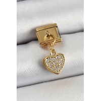 316L Çelik Sallantılı Zirkon Taşlı Kalp Model Gold Renk Nomination Charm