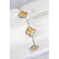 316L Çelik Sedefli Kehribar Sarı Gümüş Renk Yonca Kadın Bileklik