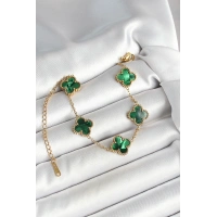 316L Çelik Sedefli Zümrüt Yeşil Gold Renk Yonca Kadın Bileklik