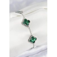 316L Çelik Sedefli Zümrüt Yeşil Gümüş Renk Yonca Kadın Bileklik