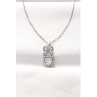 316L Çelik Silver Renk Zirkon Taşlı Kalpli Fiyonk Kolye