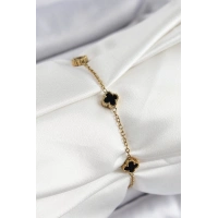 316L Çelik Siyah Sedef Yonca Model Gold Renk Kadın Bileklik