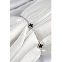 316L Çelik Siyah Sedef Yonca Model Gümüş Renk Kadın Bileklik