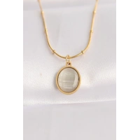 316L Çelik Zincir Altın Renk Gri Sedefli Oval Figürlü Kolye