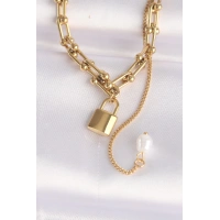 316L Çelik Zincir Altın Renk Zincirli Love Yazılı Kilit Kolye