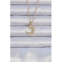 316L Çelik Zincir Altın Renk Zirkon Taşlı Ay Kolye