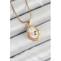 316L Çelik Zincir Beyaz Sanatsal Portre İnci Detaylı Gül Figürlü Model Gold Renk Kadın Kolye