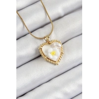 316L Çelik Zincir Beyaz Sanatsal Portre İnci Detaylı Papatya Figürlü Kalp Model Gold Renk Kadın Kolye
