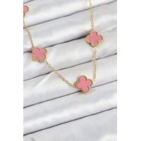 316L Çelik Zincir Gold Pembe Renk Yonca Kadın Kolye