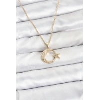 316L Çelik Zincir Gold Renk Ay Yıldız Model Zirkon Taşlı Kadın Kolye