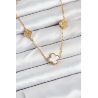 316L Çelik Zincir Gold Renk Beyaz ve Zirkon Taşlı Yonca Kadın Kolye