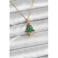 316L Çelik Zincir Gold Renk Çam Ağacı Model Yılbaşı Temalı Kadın Kolye