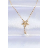 316L Çelik Zincir Gold Renk İnci Detay Çiçek Kolye