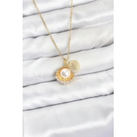 316L Çelik Zincir Gold Renk İncili Deniz Kabuğu Model Zirkon Taşlı Kadın Kolye