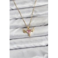 316L Çelik Zincir Gold Renk Kanatlı Kalp Model Zirkon Taşlı Kadın Kolye